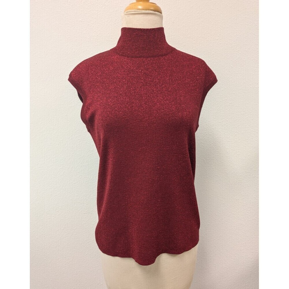 Y2K Coldwater Creek Red Glitter Silk Mock Neck Sleeveless Sweater Top sz M Xmas